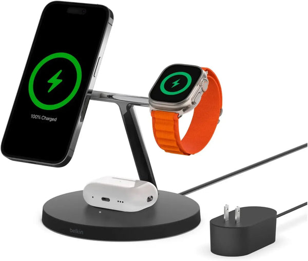 Belkin 3-in-1 MagSafe Wireless Charging Stand, 2nd Gen, 33% Faster Charging for Apple Watch, iPhone 15/14/13 Series, and AirPods