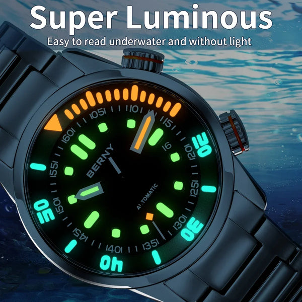 BERNY Automatic Dive Watch for Men – Super Luminous, Sapphire Crystal, 20ATM Waterproof