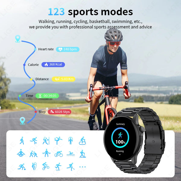 LIGE Smart Watch - Full Touchscreen - Bluetooth Calling - 1.39" AMOLED - 123 Sports Modes