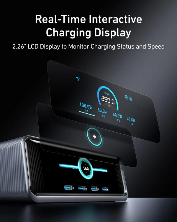 250W GaN USB-C Charging Station with LCD Display, Ultra-Fast 6-Port Power Hub