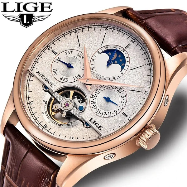 LIGE Men’s Automatic Mechanical Tourbillon Watch - Genuine Leather